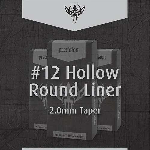 #12 Hollow Round Liner 2.5mm Taper Precision Tattoo Needles - Box of 50