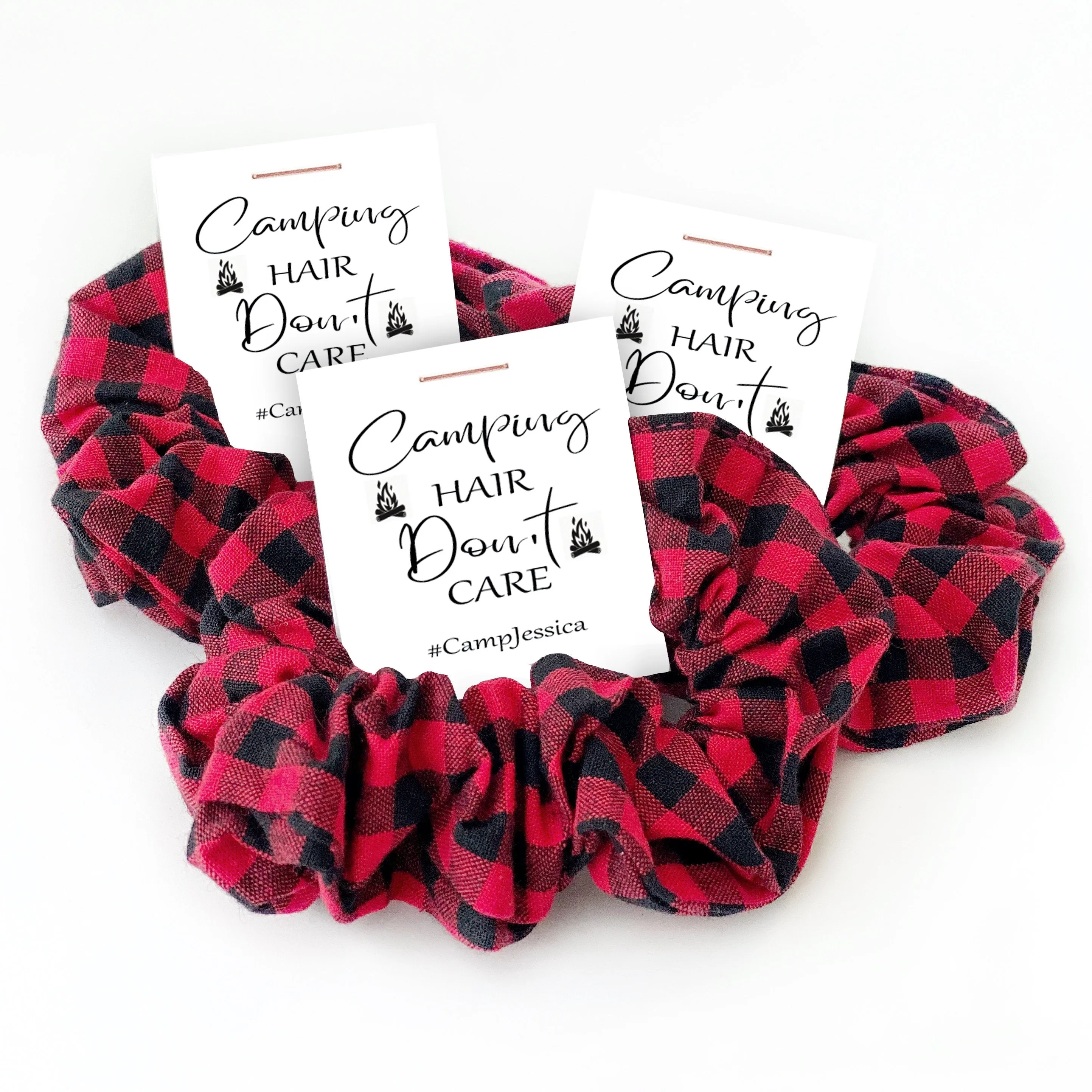 Camping Hair Don't Care, Buffalo Plaid Camping Birthday Party Favors, Glamping Hair Scrunchie