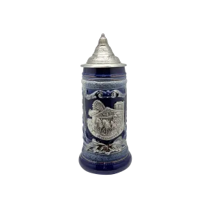 Cobalt Blue Oktoberfest Beer Mug with Engraved Metal Lid and Festival Metal Medallion of German Wagon & Draft Horses