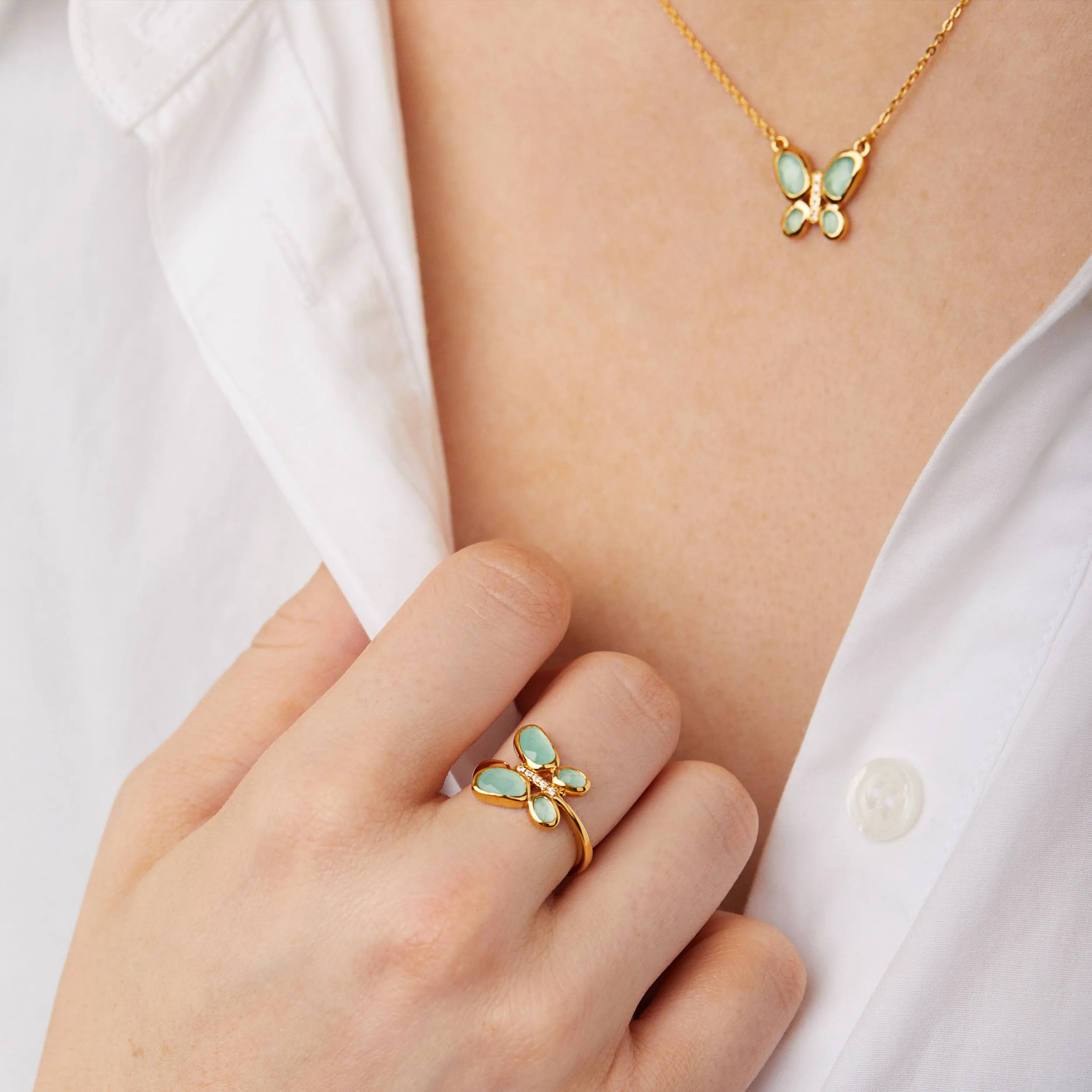 Silver Chrysoprase Polki Butterfly Ring